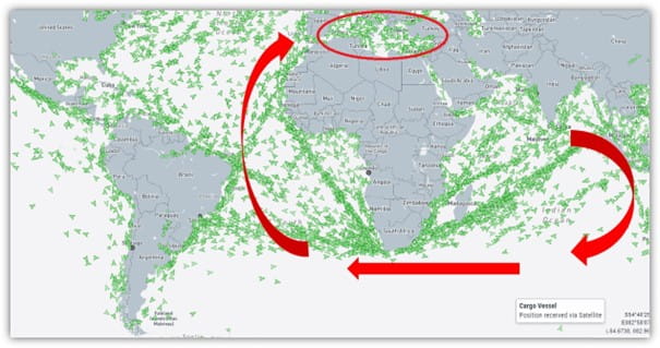 Mapa del mundo, señalando las operaciones maritimas de Chile